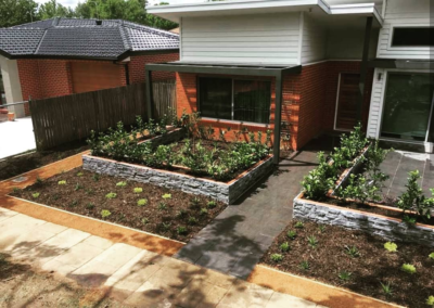 Artisan stone paving, stackstone and viburnum front courtyard